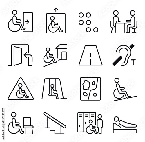 Linear accessibility icon set: wheelchair, braille, hearing aid, ramp, elevator, swing, bed