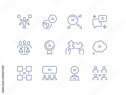 Set of social equality and justice icons, inclusive rights, equal access, fair treatment, diversity, participation, human rights, opportunities, community support, group collaboration vector symbols.