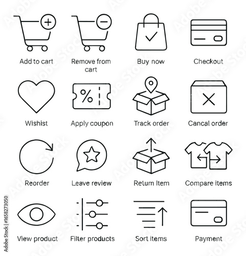 Linear ecommerce icon set featuring shopping cart, wishlist, coupon, order tracking, and payment symbols