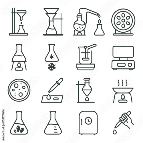 Linear chemistry icons set featuring laboratory, flask, beaker, distillation, pipette, and microscope symbols
