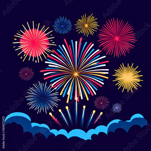 Vibrant scalable vector illustration of colorful fireworks display for celebrations and events