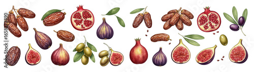Wallpaper Mural Colorful array of dried figs, olives, dates, and pomegranates on a dark background. Torontodigital.ca