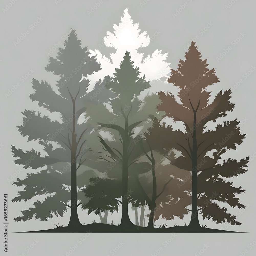 Obraz premium A stylized illustration of several coniferous trees in various shades of green and brown, creating a layered forest scene. The arrangement gives a sense of depth and tranquility.