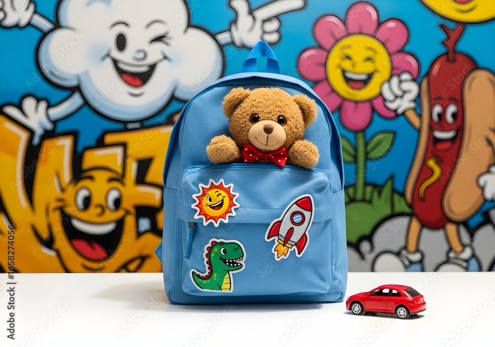 Fototapeta premium Child's Backpack and Toys on White with Playful Street Art