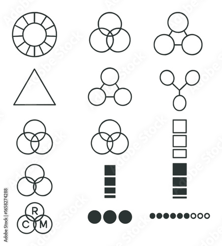 Linear abstract shapes icon set featuring circles, triangles, and squares