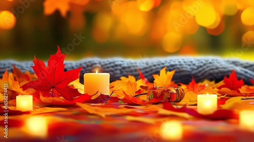 Fototapeta Naklejka Na Ścianę i Meble -  Autumn leaves and candles on a fall day.