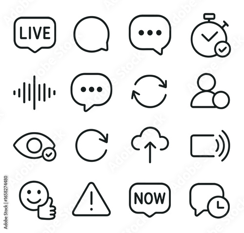 Linear communication icon set featuring chat, stopwatch, waveform, eye, like, warning, and cloud upload symbols