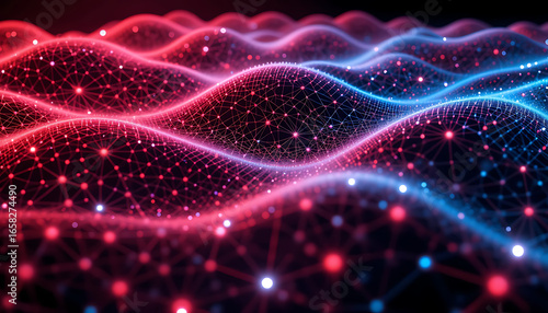 Abstract glowing digital network of red and blue light particles forming waves on a dark background, representing data flow and connectivity