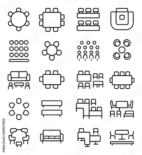 Linear meeting room icon set with table, chair, sofa, audience, and conference symbols