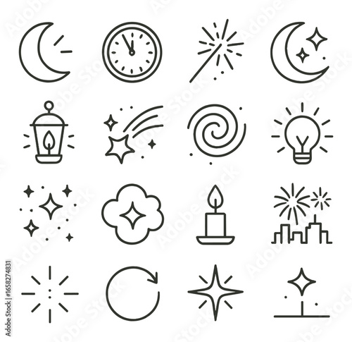 Linear magic icon set featuring moon, clock, wand, lantern, comet, swirl, lightbulb, sparkle, cloud, candle, fireworks