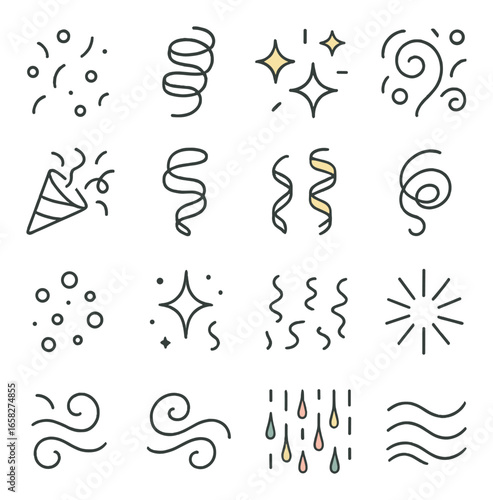 Linear celebration icons set featuring confetti, sparkles, swirls, stars, and droplets