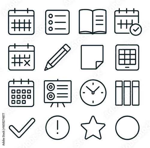 Linear productivity icon set featuring calendar, checklist, book, task, pencil, clock, and star symbols