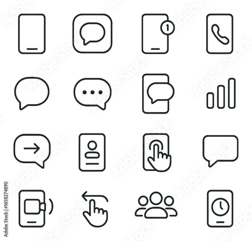Linear communication icon set featuring sms, chat, call, network, profile, group, navigation symbols