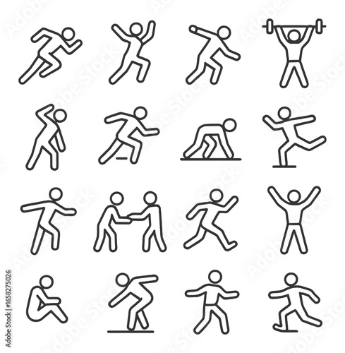 Linear sports icon set featuring running, javelin, weightlifting, stretching, and wrestling figures