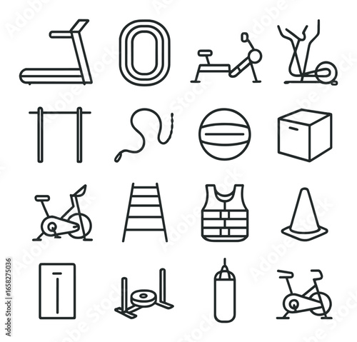 Linear gym equipment icons set featuring treadmill, cycle, rope, ball, and more