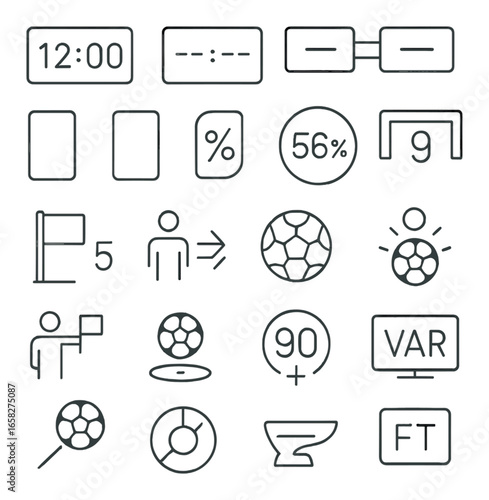Linear sports icon set featuring clock, cards, percentage, soccer ball, and var symbols