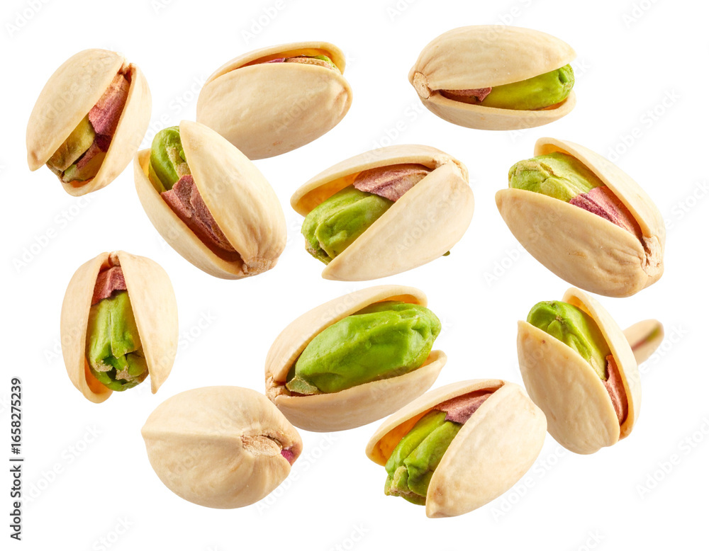 Fototapeta premium Dynamic Falling Pistachio Nuts, Half-Open, Motion Effect, Isolated