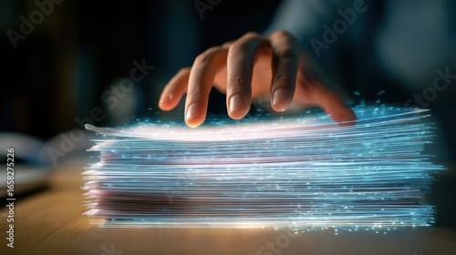 Hand on stack of glowing documents, representing digital data and information.