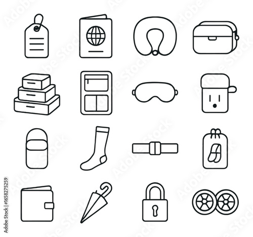 Linear travel icon set featuring passport, luggage, neck pillow, eye mask, wallet, and lock symbols
