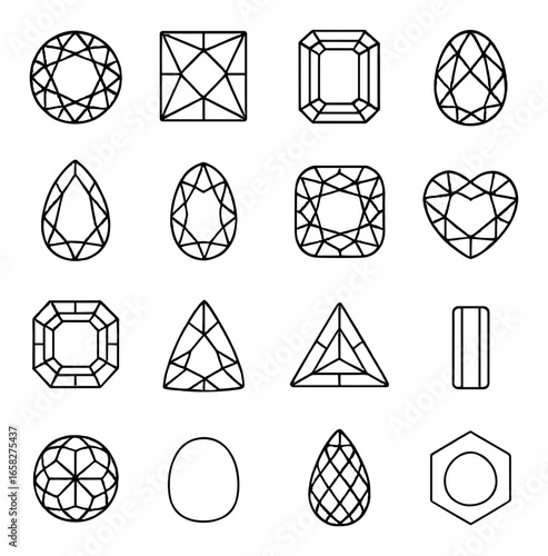 Linear gems icon set featuring diamond, emerald, pear, heart, and hexagon designs