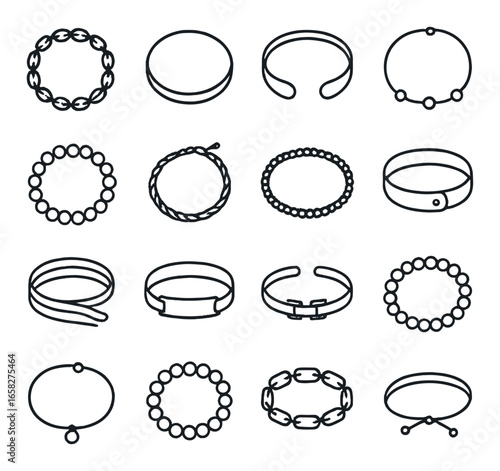 Linear jewelry icon set featuring bracelet, bangle, cuff, and charm designs