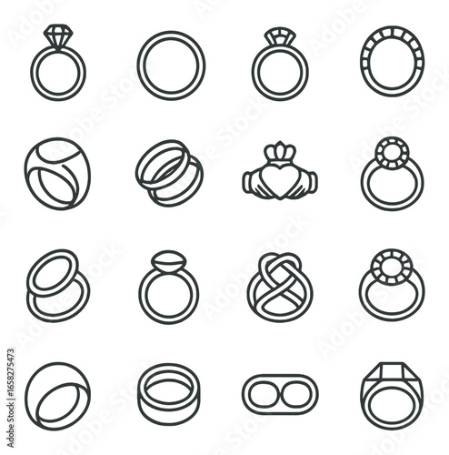 Linear wedding icon set featuring ring, engagement, band, heart, infinity, couple, and love symbols
