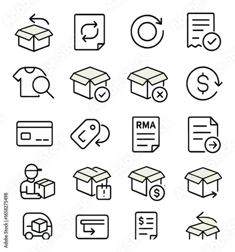 Linear e-commerce icon set featuring box, exchange, refund, invoice, delivery, and payment symbols