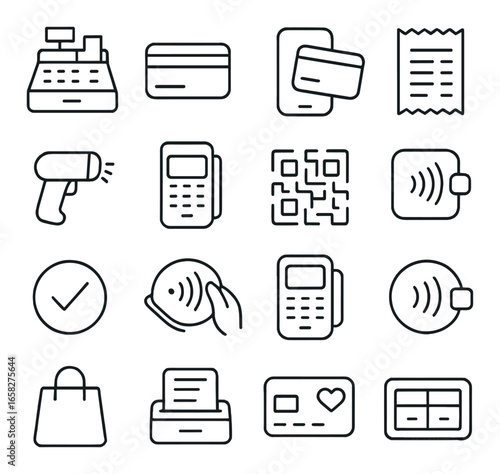Linear finance icon set featuring credit card, receipt, qr code, pos, and contactless payment symbols