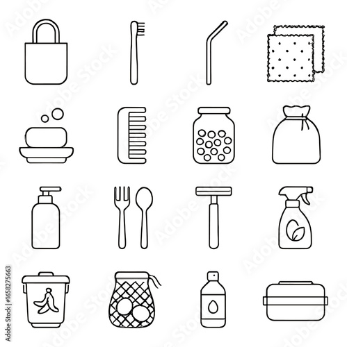 Linear hygiene and household icon set featuring padlock, toothbrush, straw, cloth, and more