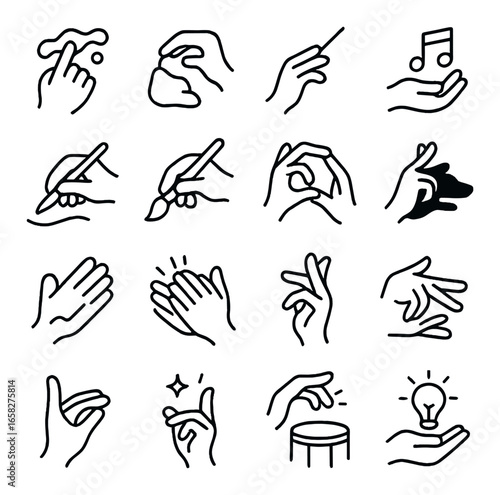 Linear hand gesture icon set featuring paint, clap, idea, music, and drawing symbols