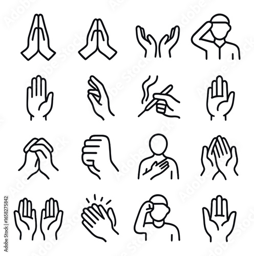 Linear gesture icon set featuring handshake, clap, wave, salute, pray, and thumbs up icons