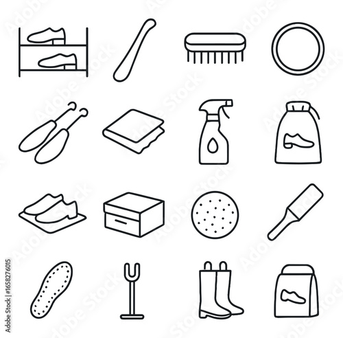 Linear shoe care icon set featuring brush, shoehorn, polish, cleaning, and storage symbols