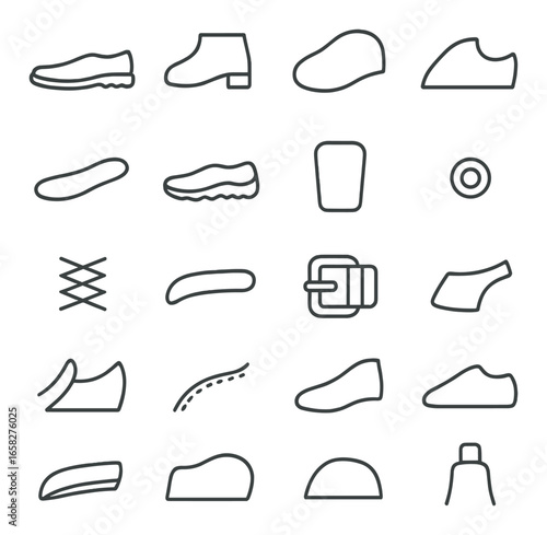 Silhouette footwear icon set featuring sneakers, boots, slippers, sandals, soles, and shoelace symbols