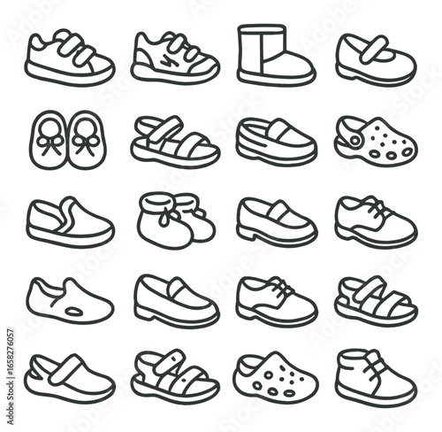 Linear footwear icon set featuring sneakers, boots, sandals, loafers, and moccasins