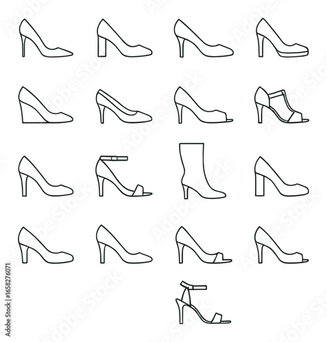 Linear footwear icon set featuring heels, wedges, sandals, and boots symbols