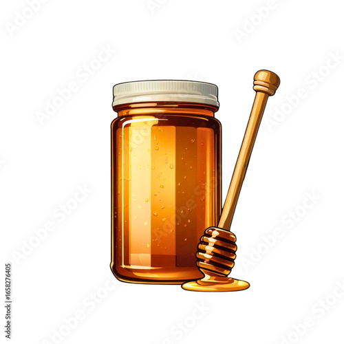 Golden honey jar and dipper vector illustration for delicious food and beverage concepts