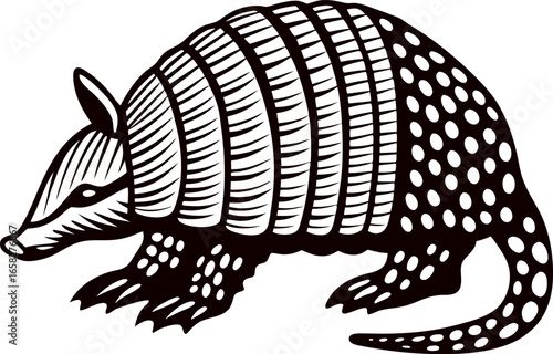 Hand drawn illustration of armadillo facing left in vintage engraved