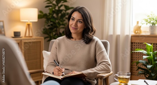 Therapist listens with empathy while taking notes in a cozy indoor setting filled with warm tones