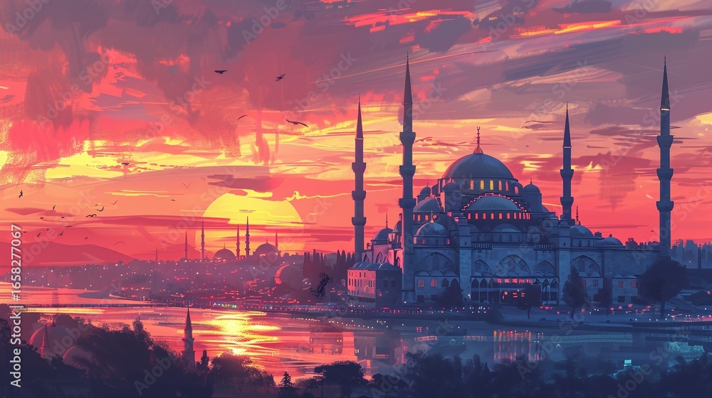 Fototapeta premium A colorful sunset view of a cityscape with a grand mosque.