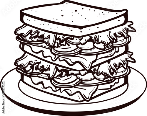 Triple layered club sandwich illustration with lettuce tomato cheese and meat on plate isolated on white background