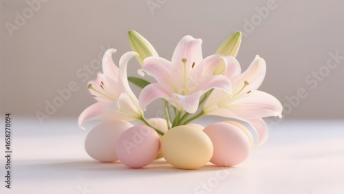 Elegant White Lilies with Pastel Eggs on a Soft Background