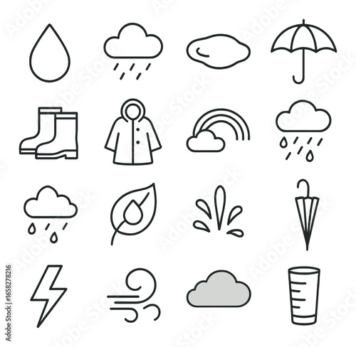 Linear weather icon set featuring rain, umbrella, cloud, rainbow, boots, lightning, wind, and jacket symbols