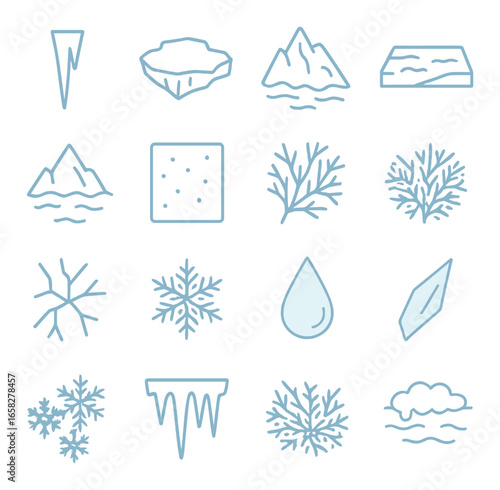 Silhouette nature icon set with iceberg, snow mountain, ice cap, snowflake, icicle, water droplet, and cloud symbols