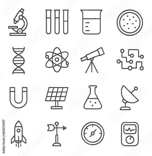 Linear science icon set featuring microscope, test tubes, dna, atom, telescope, and lab equipment symbols
