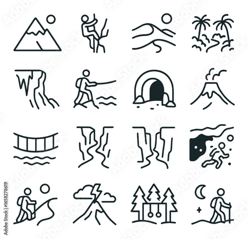 Linear adventure icon set: hiking, climbing, mountain, cave, volcano, diving, camping, nature, outdoors, expedition