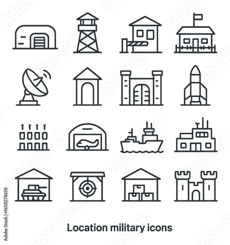 Linear military icon set featuring a base, tower, house, command center, radar, barracks, gates, and missile