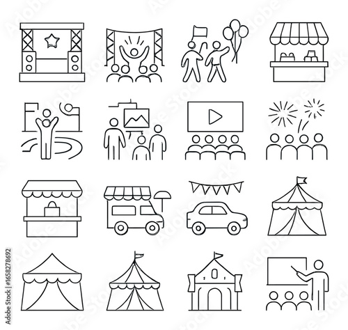 Linear events icon set featuring festival, concert, fireworks, food truck, celebration, and tent symbols