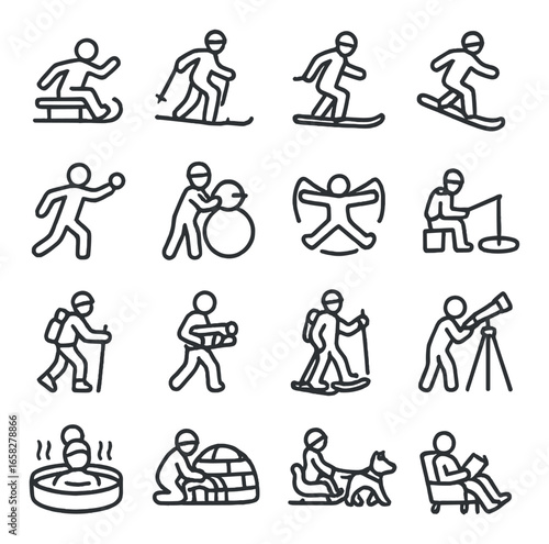 Linear winter activity icon set featuring skiing, snowboarding, snowball, angel, fishing, hiking, telescope