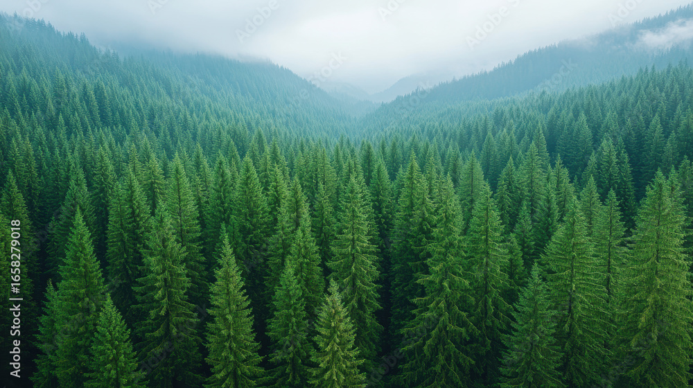 Fototapeta premium Top Down shot Of Lush green Pine Forest