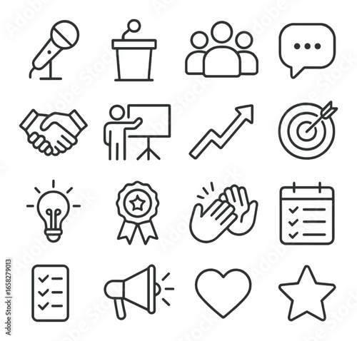 Linear business icon set featuring microphone, podium, team, chat, handshake, presentation, growth, target